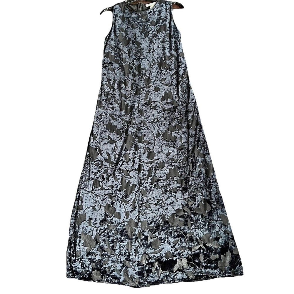 Petite Sophisticate Maxi Dress Womens 4p Sleeveless Black Velvet Floral USA Made